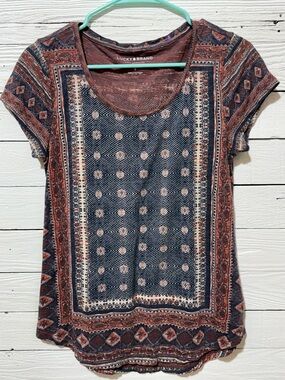 Lucky Brand Navy and Rust Geometric Border Scoop Neck Tee